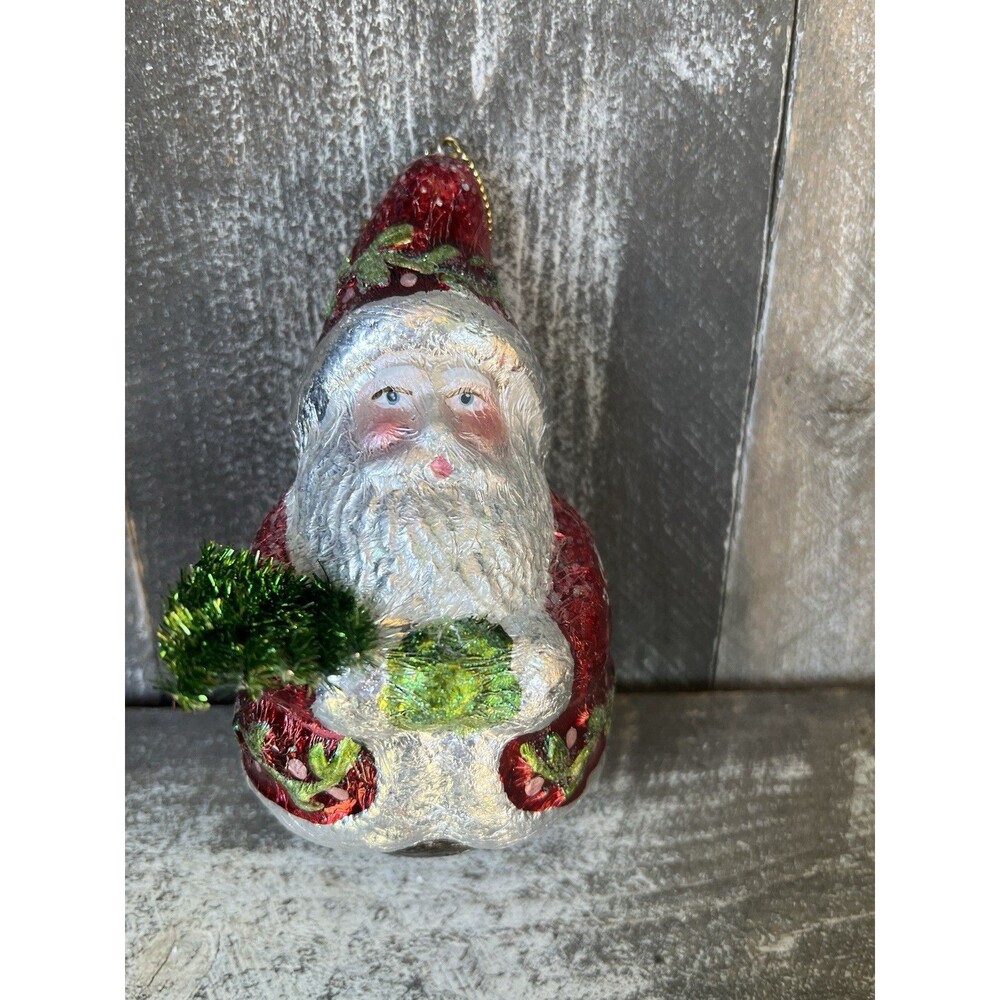 NWT 5" Red Old World Santa w/ Tinsel Tree Painted Foil Christmas Ornament